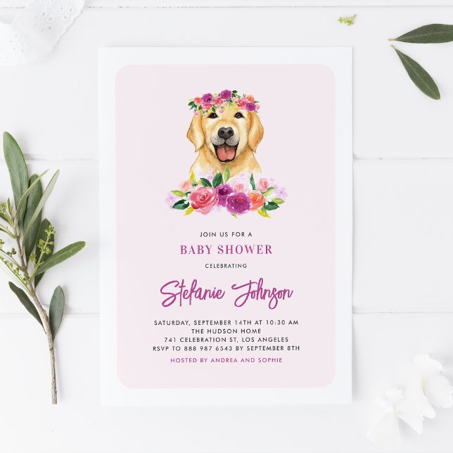 Watercolor Golden Retriever Floral Baby Shower Invitation (Creator Uploaded)