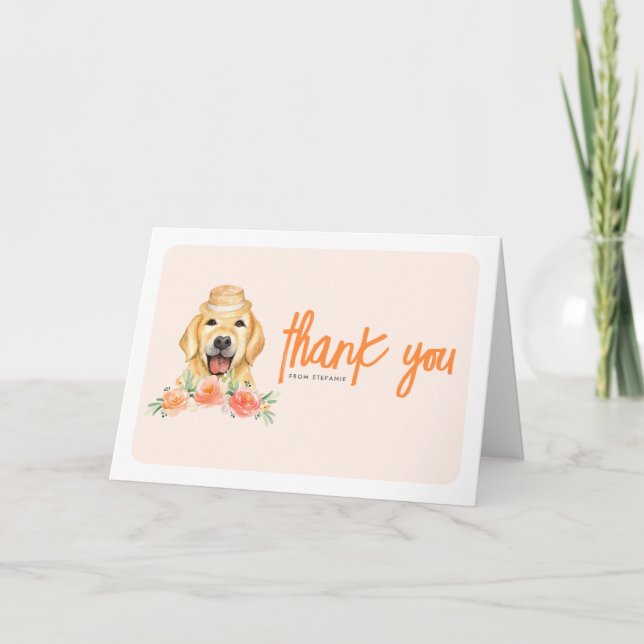 Watercolor Golden Retriever Peach Flowers Birthday Thank You Card (Front)