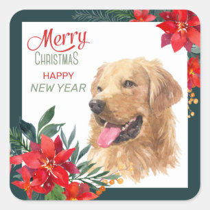 Watercolor Golden Retriever Poinsettia Bouquet Square Sticker