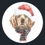 Watercolor Golden Retriever Santa Christmas Classic Round Sticker<br><div class="desc">Happy Howlidays! Add a festive accent to your cards,  invitations and envelopes with this customisable holiday sticker. It features a watercolor golden retriever wearing a Santa hat and scarf. Personalise this golden retriever holiday sticker by adding your details. This dog Christmas sticker is available on other cardstock.</div>