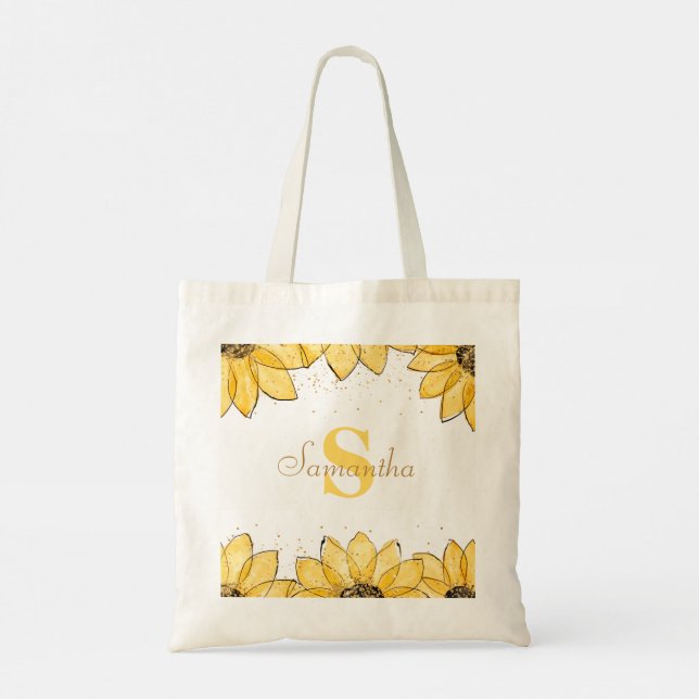 Watercolor Golden Sunflowers Floral Monogram Name Tote Bag (Back)