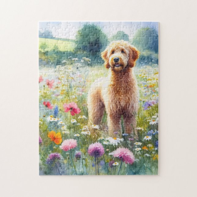 Watercolor Goldendoodle Dog Wildflower Field Jigsaw Puzzle (Vertical)