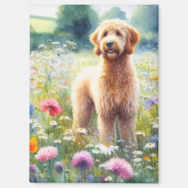 Watercolor Goldendoodle Dog Wildflower Field Magnet (Front)