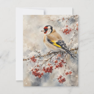 Watercolor Goldfinch Bird on Winter Berries Card