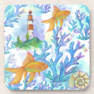 Watercolor Goldfish and Coral Coaster