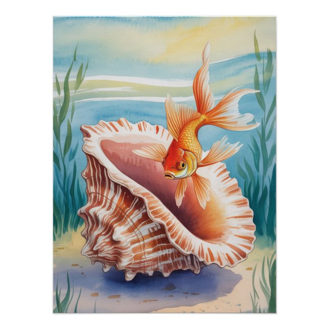 Watercolor Goldfish in Coral Shell Poster (Front)