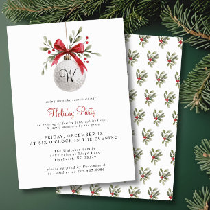 Watercolor Golf Ball Ornament Monogram Christmas Invitation