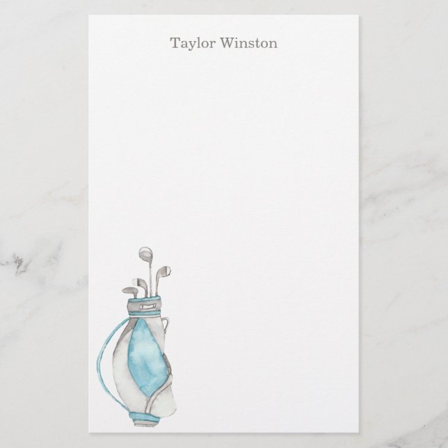 Watercolor Golf Club & Bag Personalised Stationery (Front)