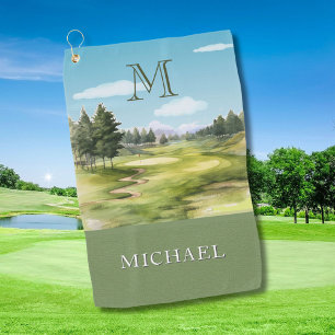 Watercolor Golf Course Monogram Name Towel