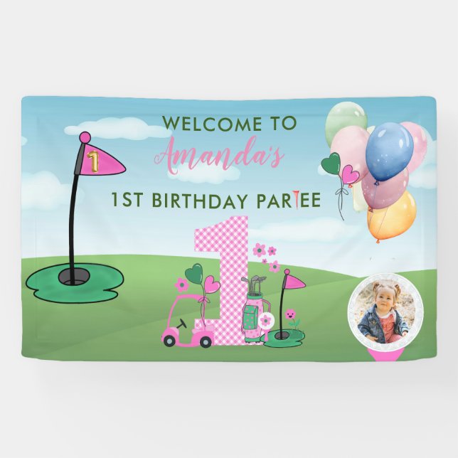 Watercolor Golf Pink Photo Girl 1st Birthday Party Banner (Horizontal)