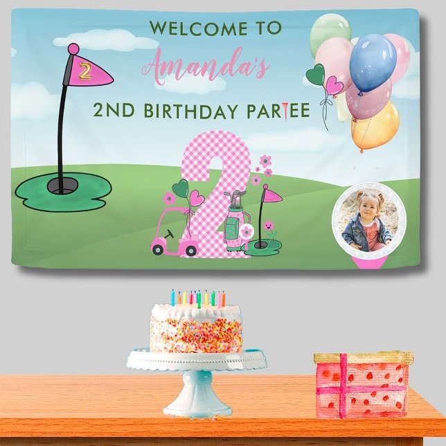 Watercolor Golf Pink Photo Girl 2nd Birthday Party Banner (Creator Uploaded)