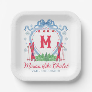 Watercolor Gondola Ski Monogram Crest Paper Plate