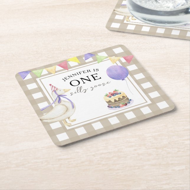 Watercolor Goose 1st birthday Square Paper Coaster (Angled)