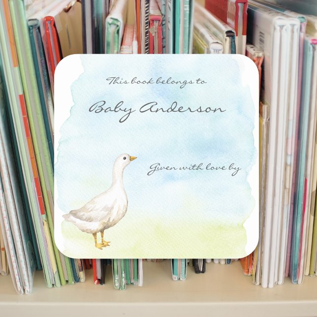 Watercolor goose baby shower bookplate square sticker (Creator Uploaded)