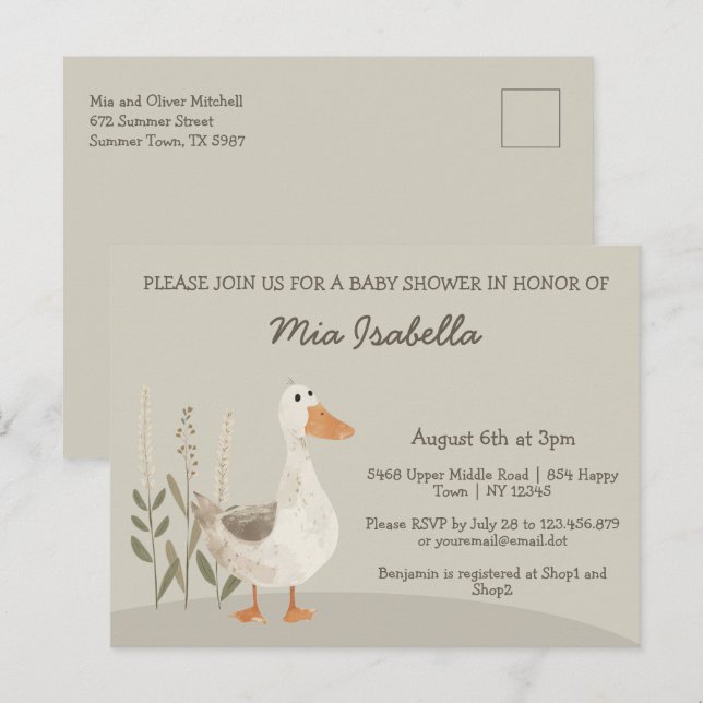 Watercolor Goose Baby Shower Invitatation Postcard (Front/Back)