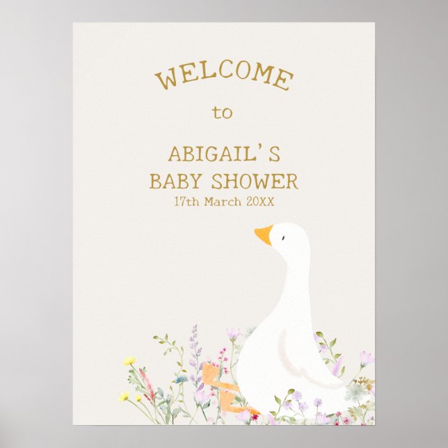 Watercolor Goose Floral Baby Shower Welcome Sign (Front)