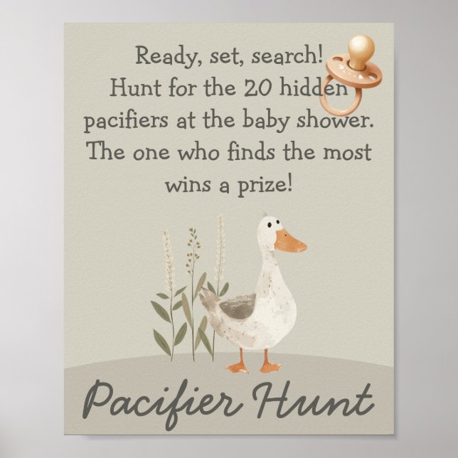 Watercolor Goose Pacifier Hunt Baby Shower Game Poster (Front)