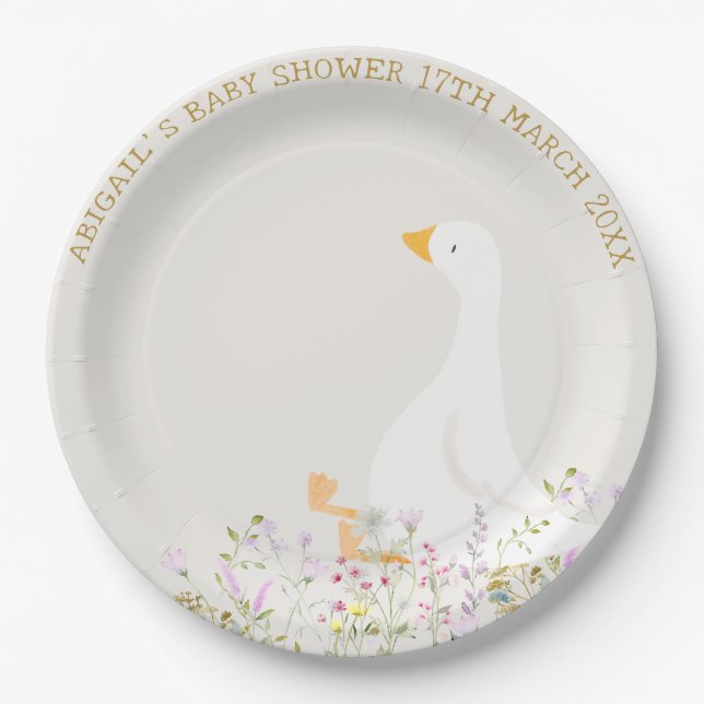Watercolor Goose Wildflower Baby Shower Paper Plate (Front)