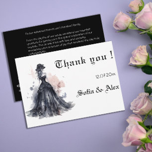 Watercolor goth black dress wedding save the date  thank you card