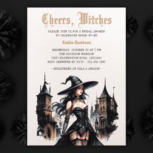 Watercolor Goth Witch Halloween Bridal Shower Invitation (Watercolor Goth Witch Halloween Bridal Shower Invitation)