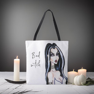 Watercolor Gothic Bad Witch Halloween Tote Bag