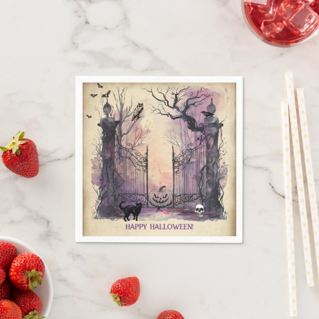Watercolor Gothic Gate Entrance Halloween Party Napkin (Insitu)