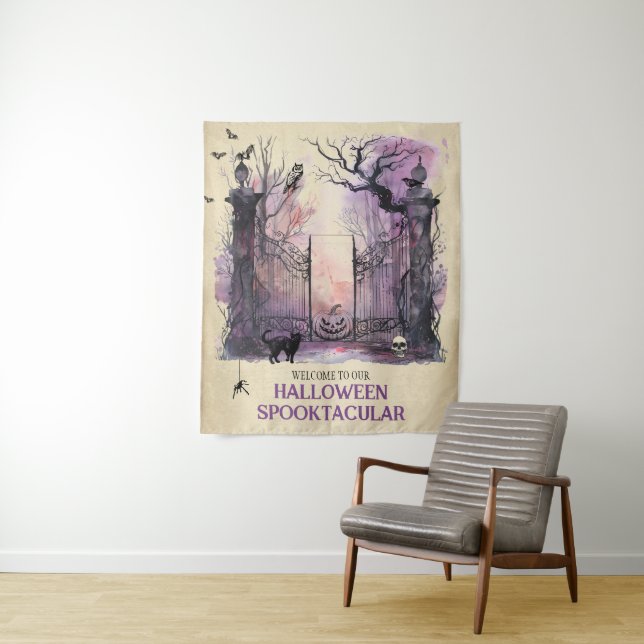 Watercolor Gothic Gate Entrance Halloween Welcome Tapestry (In Situ)