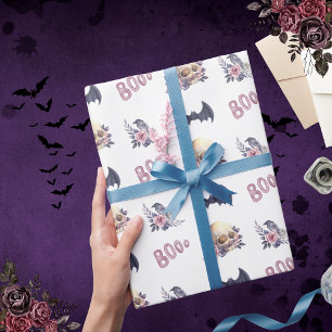 Watercolor Gothic Skull Rose Raven Bats Boo Gift  Wrapping Paper