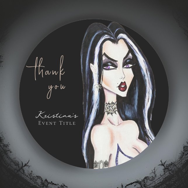 Watercolor Gothic Witch Black Thank You Classic Round Sticker (Creator Uploaded)