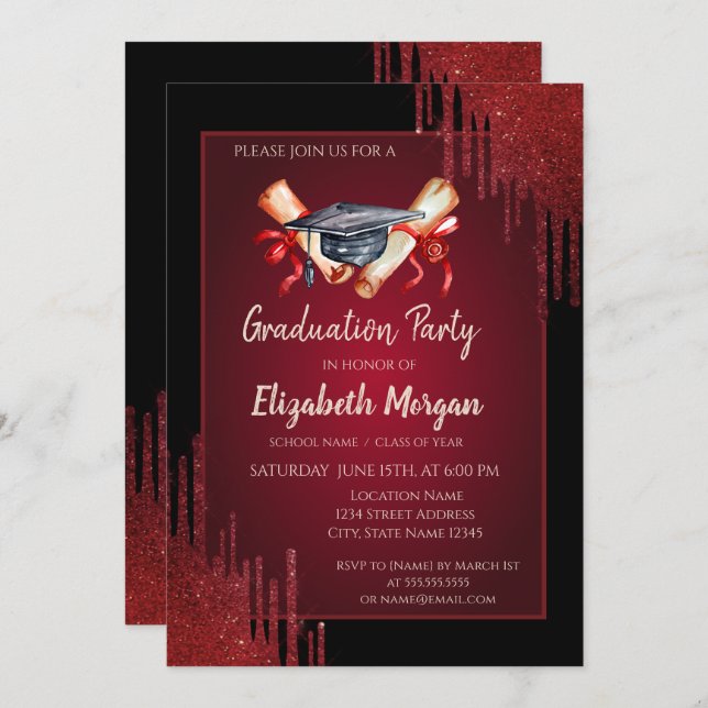 Watercolor Grad Cap,Diploma,Red Drips Graduation   Invitation (Front/Back)