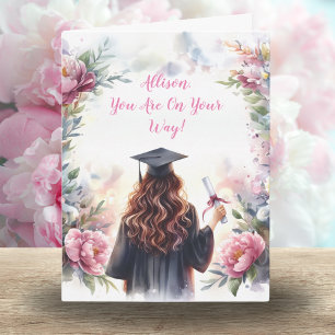 Watercolor Graduate Girl With Peonies Card