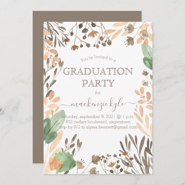 Watercolor Graduation Boho Greenery Invitation (Front/Back)