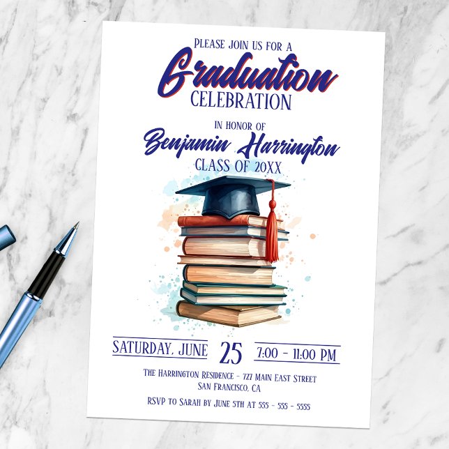 Watercolor Graduation Cap with Books Celebration Invitation (Creator Uploaded)