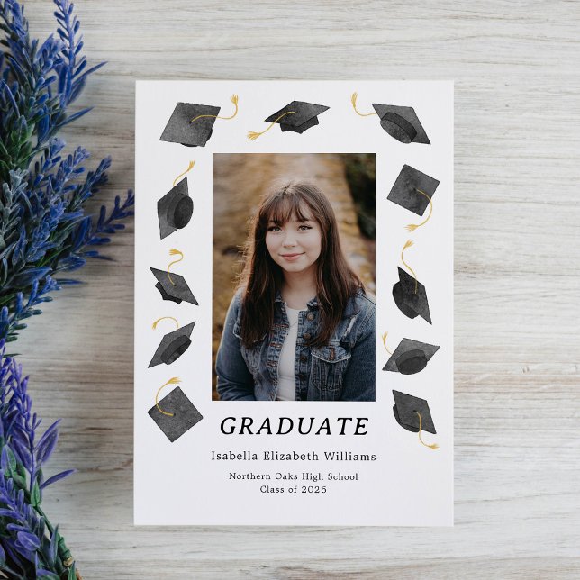 Watercolor Graduation Caps Grad Announcement Card (Creator Uploaded)