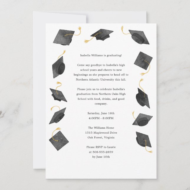 Watercolor Graduation Caps Grad Party Invitation (Front)