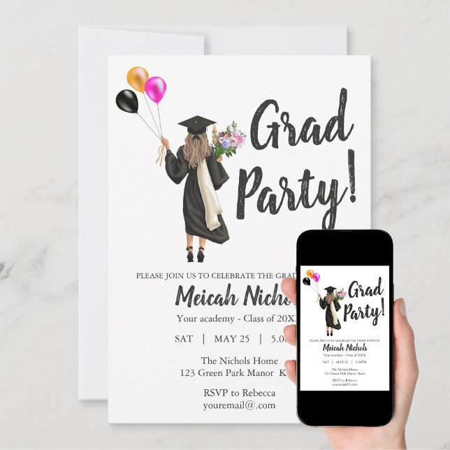 Watercolor Graduation Modern Trendy Girl Invite (Creator Uploaded)