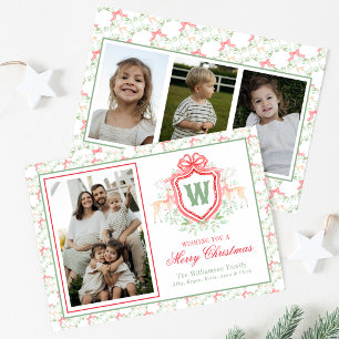 Watercolor Grandmillennial Reindeer Monogram Crest Holiday Card