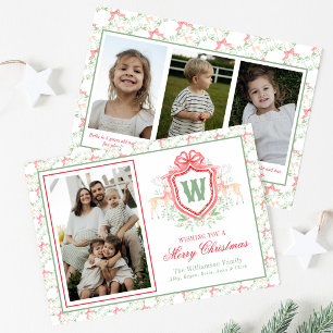 Watercolor Grandmillennial Reindeer Monogram Crest Holiday Card
