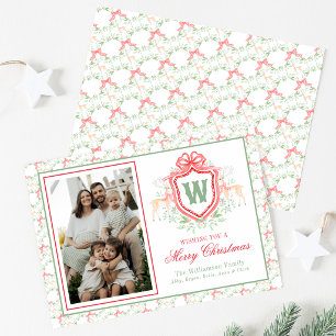Watercolor Grandmillennial Reindeer Monogram Crest Holiday Card