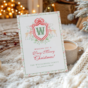 Watercolor Grandmillennial Reindeer Monogram Crest Holiday Card