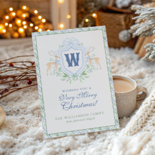 Watercolor Grandmillennial Reindeer Monogram Crest Holiday Card