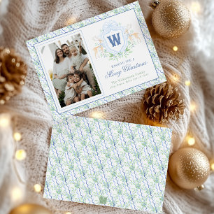 Watercolor Grandmillennial Reindeer Monogram Crest Holiday Card