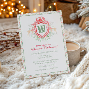 Watercolor Grandmillennial Reindeer Monogram Crest Invitation
