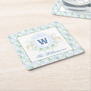 Watercolor Grandmillennial Reindeer Monogram Crest Square Paper Coaster