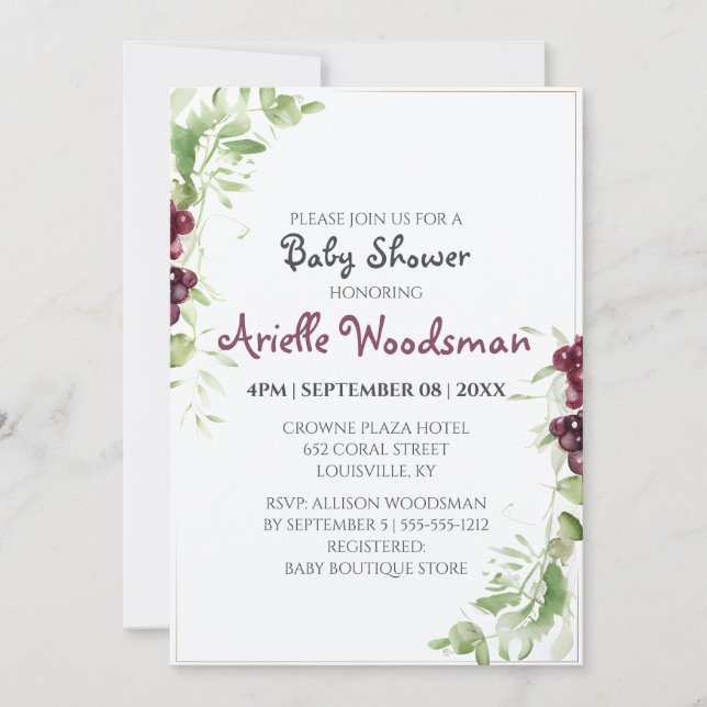 Watercolor Grape Baby Shower Painting Minimalist  Invitation (Front)
