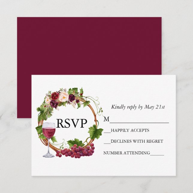 Watercolor Grape Vines Floral Wreath Burgundy RSVP Card (Front/Back)