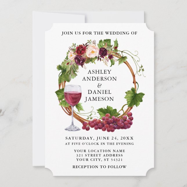 Watercolor Grape Vines Floral Wreath Wedding Invitation (Front)