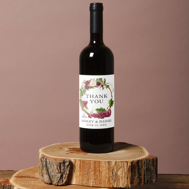 Watercolor Grape Vines Floral Wreath Wedding Wine Label (Customize to change text size, color or text style.)