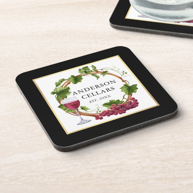 Watercolor Grape Vines Wine Cellar Gold Black Coaster (Left Side)