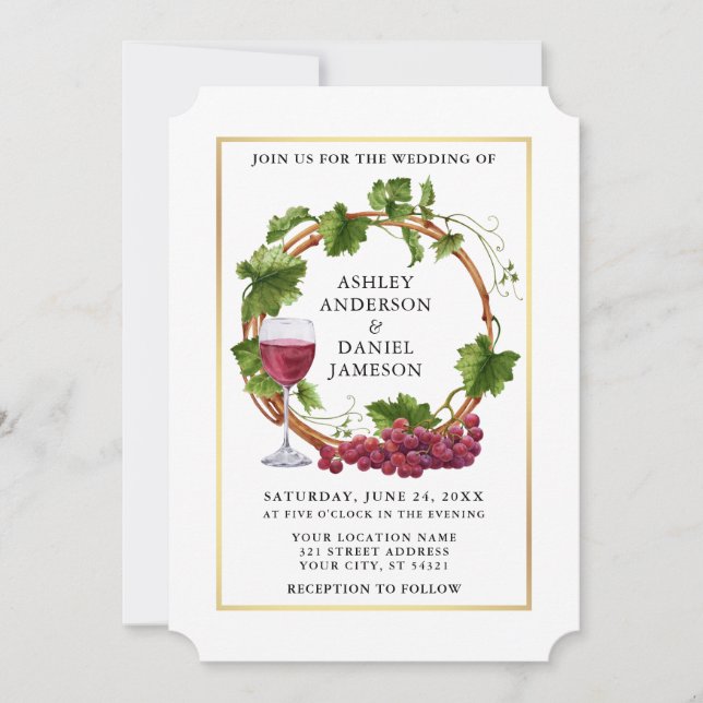 Watercolor Grape Vines Wood Wreath Gold Wedding Invitation (Front)